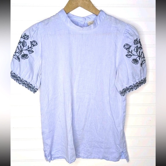 Loft Embroidered Cotton Short Sleeve Shirt Blue Small Boho - Picture 3 of 7
